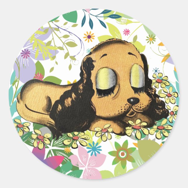 Pegatina Redonda gran ojo durmiendo Perro de cachorro Personalizado (Anverso)