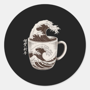 Pegatina Redonda Gran Ola De Café Splash Japonés Art Mug Caffe