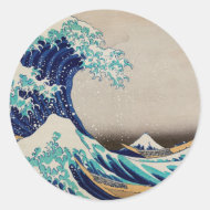 Pegatina Redonda Gran Ola de Hokusai en Kanagawa. Arte japonés vint
