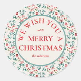 Pegatina Redonda Gran patrón milenario tradicional verde y rojo