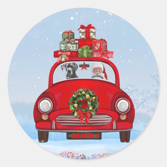 Pegatina Redonda Gran Perro Dane En Coche Con Santa Claus (Anverso)
