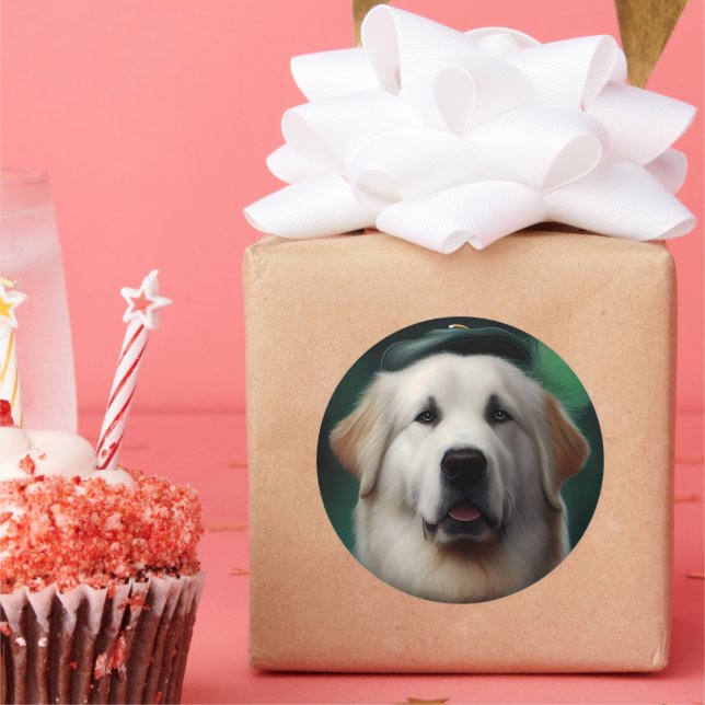 Pegatina Redonda Gran perro de los Pirineos con vestido de San Patr (Fiesta)