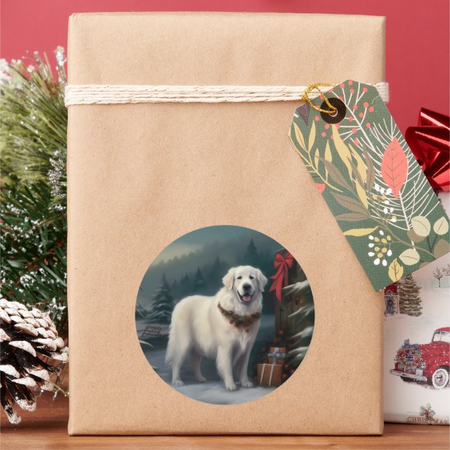 Pegatina Redonda Gran perro de los Pirineos en Navidades de nieve (Vacaciones)