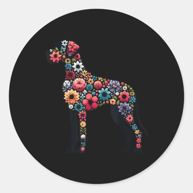 Pegatina Redonda Gran perro de silueta floral de danés (Anverso)