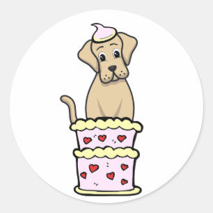 Pegatina Redonda Gran perro gracioso saltando de una torta