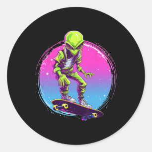 Pegatina Redonda Grandes Camisetas de Skateboarding Alien Skater -
