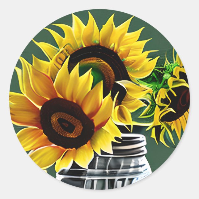 Pegatina Redonda Grandes girasoles en el arte de Glass Mason Jar (Anverso)