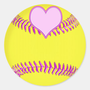 Pegatina Redonda Grandes Pegatinas de Softbol con corazón rosado, h
