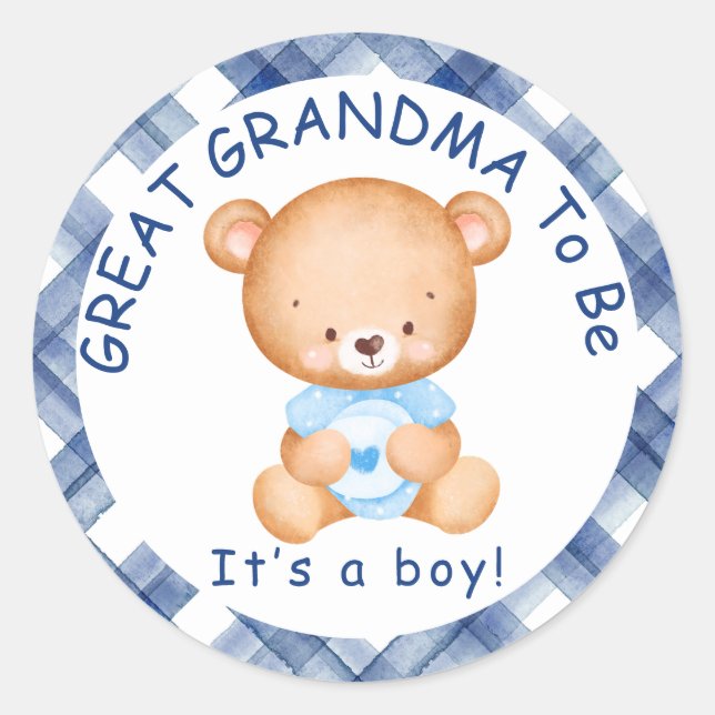 Pegatina Redonda GRANDMA GRANDE para ser Baby Shower con placa azul (Anverso)