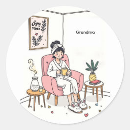 Pegatina Redonda Grandma Mother's Day Cozy Relaxing Illustration