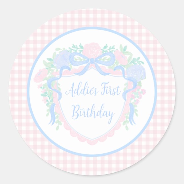 Pegatina Redonda Grandmillennial Floral Gingham Preppy Birday (Anverso)