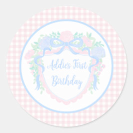 Pegatina Redonda Grandmillennial Floral Gingham Preppy Birday