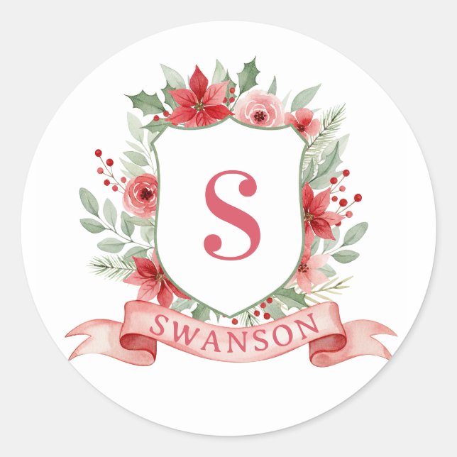 Pegatina Redonda Grandmillennial Holiday Crest | Christmas Monogram (Anverso)