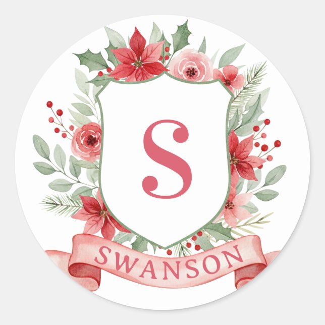 Pegatina Redonda Grandmillennial Holiday Crest | Christmas Monogram (Anverso)