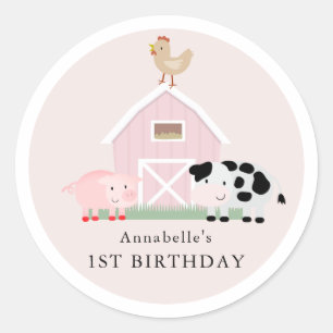Pegatina Redonda Granja Animales Barnyard Chica rosa Cumpleaños