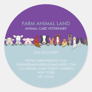 Pegatina Redonda Granja Animales mirando hacia abajo azul púrpura