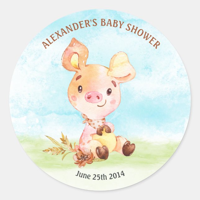 Pegatina Redonda Granja Baby Shower de color de agua (Anverso)