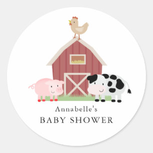 Pegatina Redonda Granja de animales Barnyard Baby Shower blanco