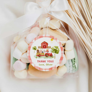 Pegatina Redonda Granja de animales del tractor rojo cumpleaños