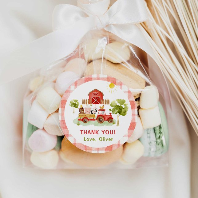 Pegatina Redonda Granja de animales del tractor rojo cumpleaños (Subido por el creador)