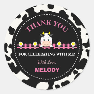 Pegatina Redonda Granja de animales Pink Cow Barnyard Primer Fiesta