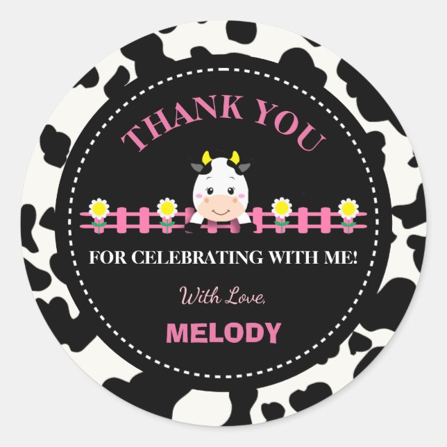 Pegatina Redonda Granja de animales Pink Cow Barnyard Primer Fiesta (Anverso)