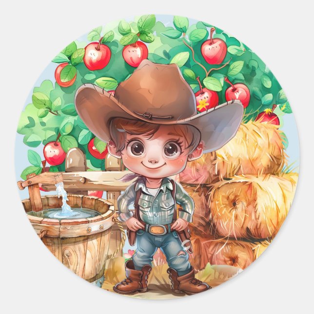 Pegatina Redonda Granja de Cowboy. Fiesta de cumpleaños (Anverso)