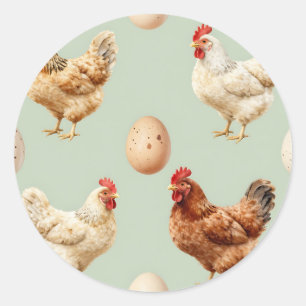 Pegatina Redonda Granja de Gallinas Realistas Patrón de Huevos Fres