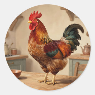 Pegatina Redonda Granja de Gallo Orgulloso Cocina Rústica