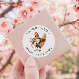 Pegatina Redonda Granja de la familia Watercolor Chicken Bow