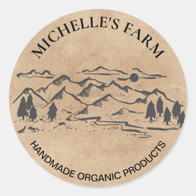 Pegatina Redonda Granja de montaña Rústica Pino Árbol Bu (Anverso)