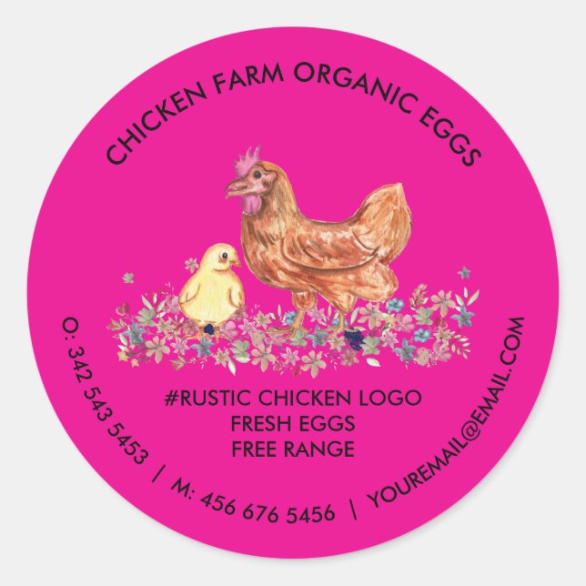 Pegatina Redonda Granja de pollo Huevos frescos orgánicos rosa (Anverso)