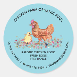 Pegatina Redonda Granja de Pollos Huevos Frescos Orgánicos Azules
