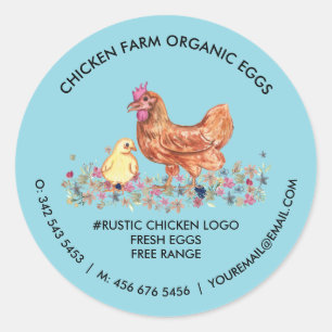 Pegatina Redonda Granja de Pollos Huevos Frescos Orgánicos Azules