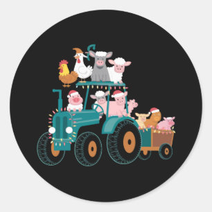 Pegatina Redonda Granja de Tractor de Navidad Divertido Día Festivo