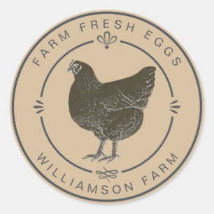 Pegatina Redonda Granja Fresca Vintage Hen Eggs Carton Beige