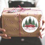 Pegatina Redonda Granja Fresco Árbol de Navidad Camión Vintage Rojo<br><div class="desc">Divertido pegatina de monograma de granja de árboles de Navidad. Nuestro diseño cuenta con un camión rojo con un árbol de Navidad en la parte trasera. Añada su monograma al frente del camión. Happy Holidays está escrito en letra manuscrita. Diseñado por Moodthology Papery</div>