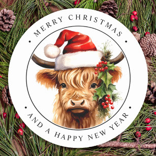 Pegatina Redonda Granja Highland Cow Festiva Animal Feliz Navidad