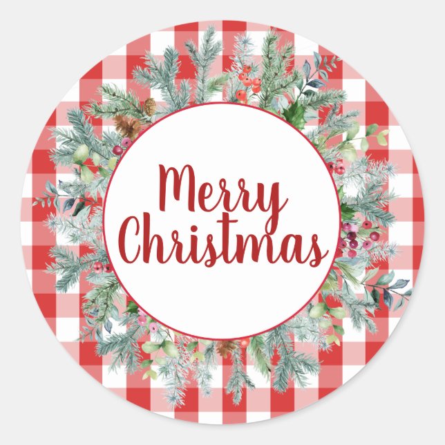 Pegatina Redonda Granja Red White Buffalo Cheque Feliz Navidad (Anverso)