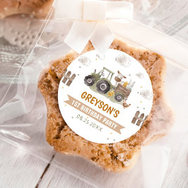 Pegatina Redonda Granja Tractor Fiesta de Cumpleaños Animales Barn