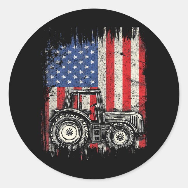 Pegatina Redonda Granja Tractor USA Bandera Americana Granjero Patr (Anverso)