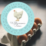 Pegatina Redonda Granja Vintage Hen Fecha Alcance Huevo Cartón Azul<br><div class="desc">Las etiquetas rústicas y sencillas del estuche de huevo de pollo con el nombre de su negocio en una tipografía moderna de color negro sobre un fondo azul turquesa presentan una elegante impresión de gallinas de época. Simplemente agregue su nombre de granja a la etiqueta y rodee la fecha correcta...</div>
