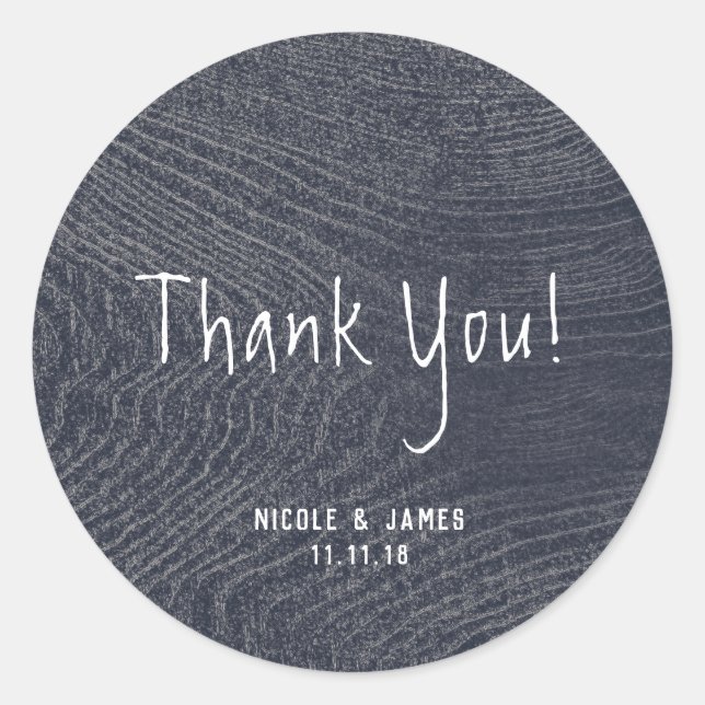 Pegatina Redonda Grano de madera azul rústico Boda de granero moder (Anverso)