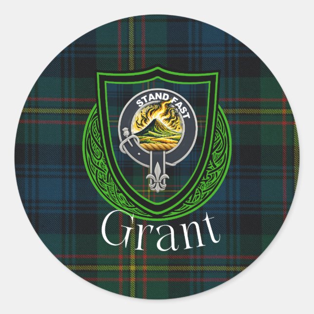 Pegatina Redonda Grant Scottish Clan Tartan & Crest (Anverso)