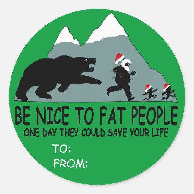 Pegatina Redonda Grasa divertida regalo de Papá Noel (Anverso)