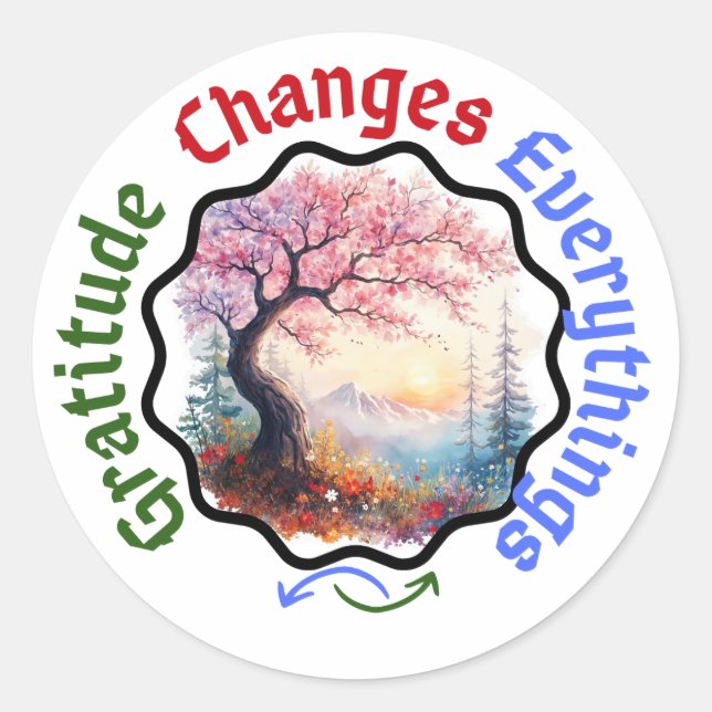 Pegatina Redonda Gratitud Cambia Todo - Cita Floral (Anverso)