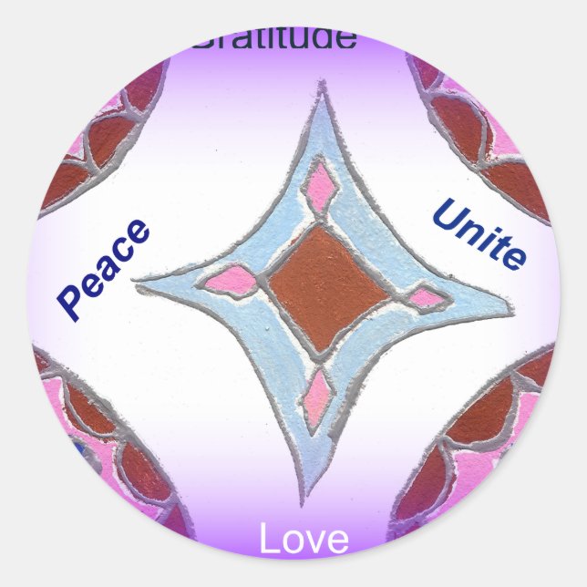 Pegatina Redonda "Gratitude Peace Love Unite" Mandala Art Print (Anverso)