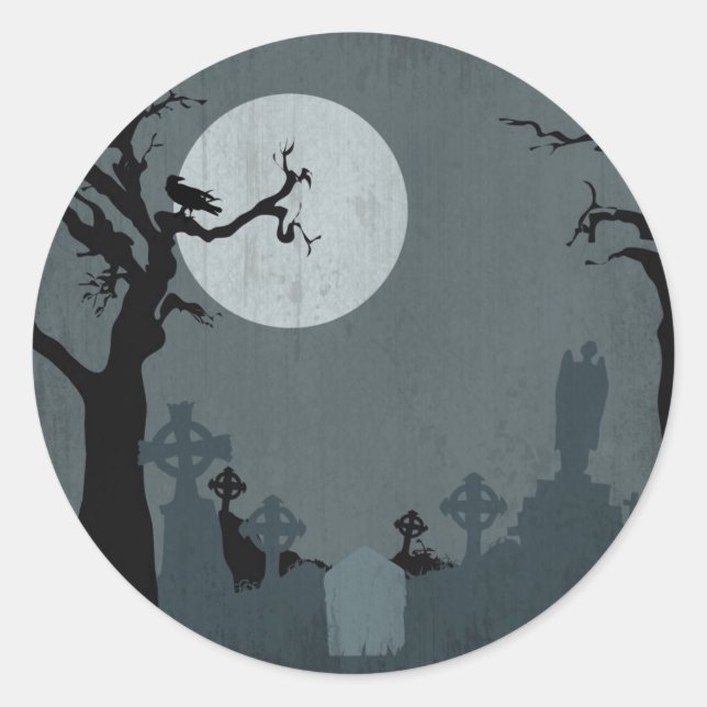Pegatina Redonda Graveyard y Luna llena para Halloween (Anverso)