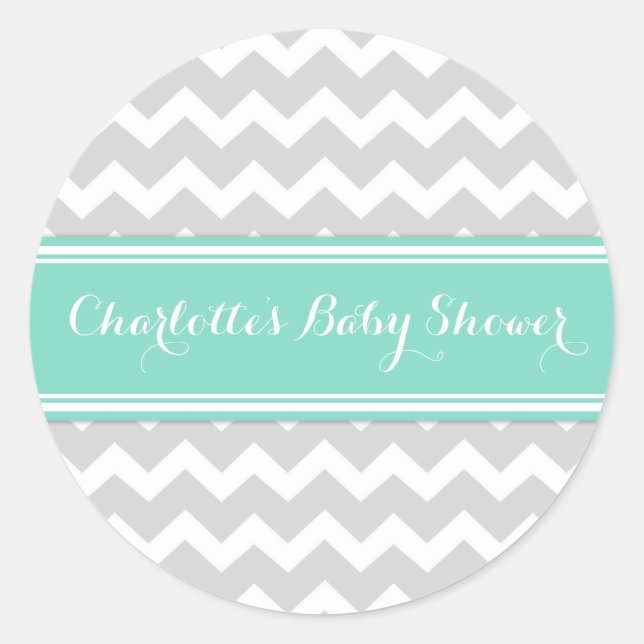 Pegatina Redonda Gray Aqua Chevron Baby Shower Favor Pegatinas (Anverso)