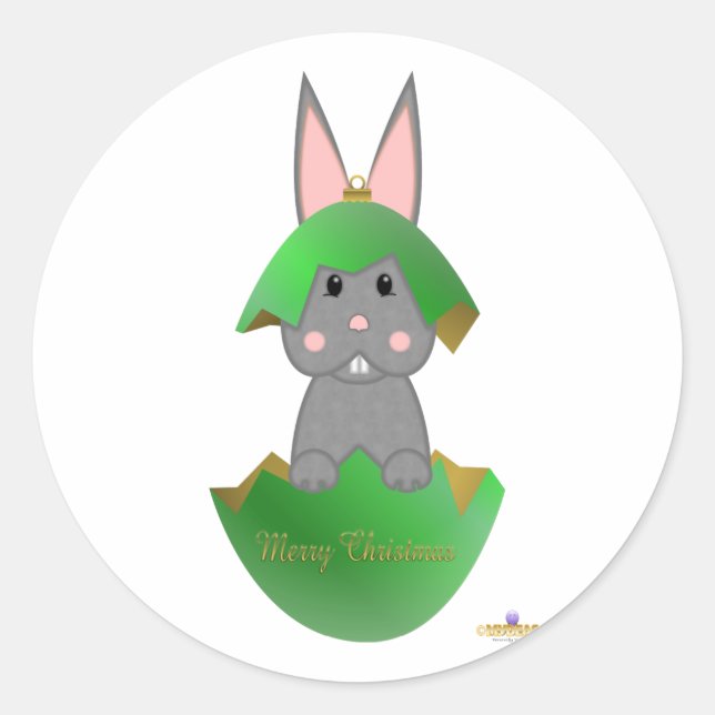 Pegatina Redonda Gray Bunny Green Christmas Ornament Merry Christma (Anverso)
